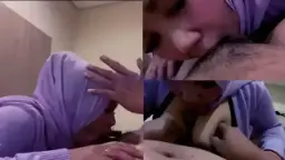 Sepongan Tante Jilbab Ungu, Bibir Merah Basah Ngajak Perang.